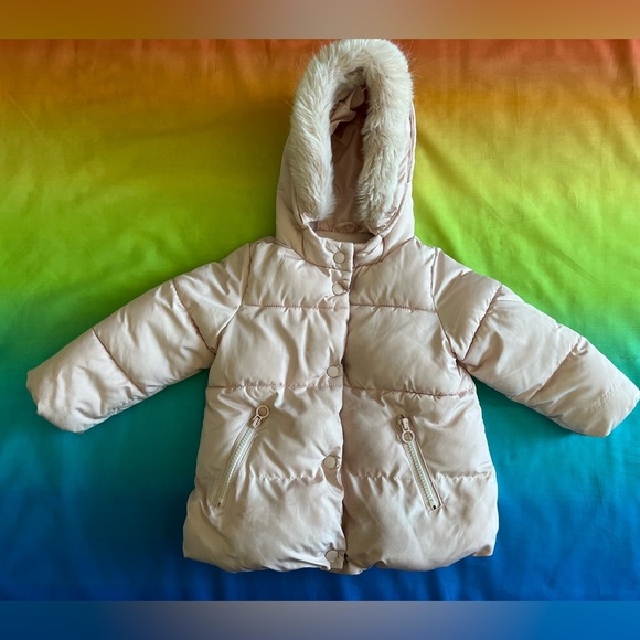 Zara Baby Girl pink hooded zip up puffer jacket with removable fur trim 2-3T - Picture 6 of 8